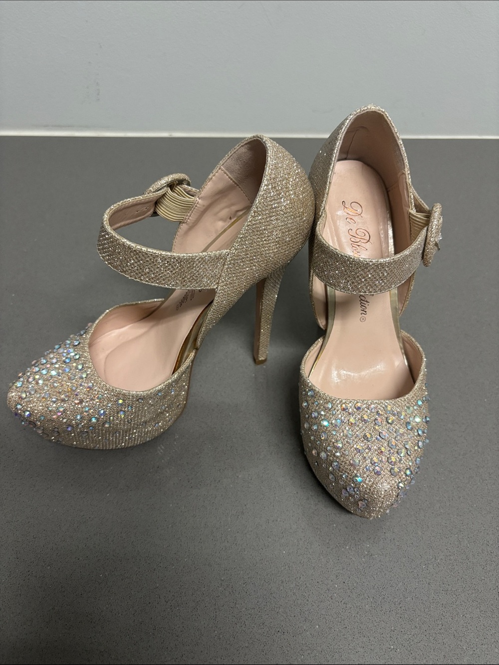 De Blossom Collection Gold Glitter Platform Mary Jane Heels with Rhinestones
